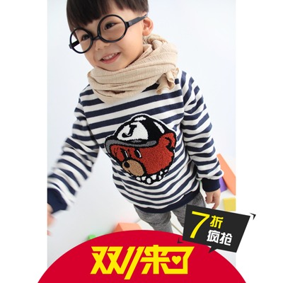 丞丞家韩国童装小熊logo横条套头长袖针织衫儿童长袖毛衣2-6岁