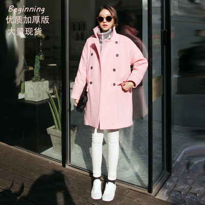 2015韩国代购大码超厚加棉双排扣百搭两穿中长款羊毛呢大衣外套女