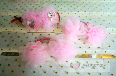 韩国进口香蕉夹儿童发夹边夹头绳皮绳女童粉红公主雪纺花亲子套装