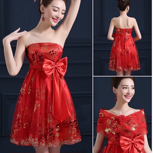 韩版高腰敬酒服短款抹胸孕妇结婚礼服新娘晚礼服红色新款2015夏装