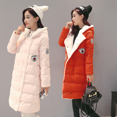 2016冬装新款韩版棉衣带帽长款大码修身双排扣棉服棉袄加厚外套女