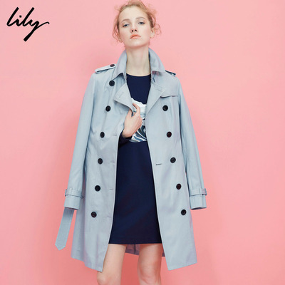 Lily2017春新款女装时尚经典英伦风双排扣腰带风衣117120C1602