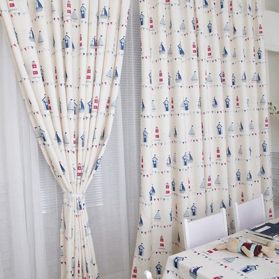 米白色帆船 定制窗帘遮光布料儿童房卧室男孩田园地中海窗帘成品