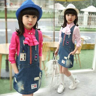 女童牛仔裙套装2016韩版新款儿童背带裙T恤衬衫两件套女孩潮春装