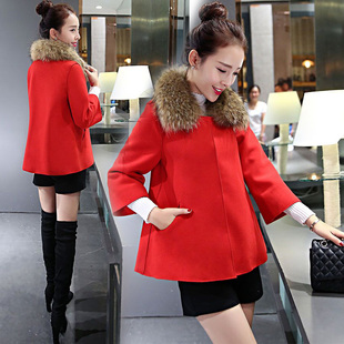 2016冬季新款女装短款斗篷毛呢外套喜庆韩版时尚高端气质红色大衣