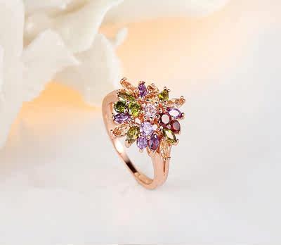 欧美AAA锆石钻戒指环 女式七彩色新娘花形水晶结婚戒指 气质饰品
