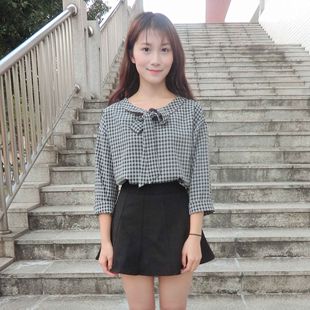 2016春秋季新款韩版时尚学生修身小格子衬衫女正反穿衬衣打底衫
