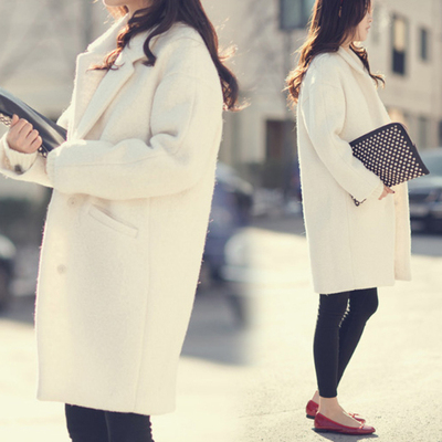 韩国代购2015秋冬新品韩版中长款羊毛呢外套女宽松显瘦茧型呢大衣