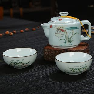 手绘青瓷快客杯 一壶两二杯 个人办公简易 旅行茶具 陶瓷便携包