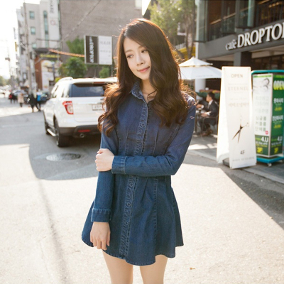 2015秋装新款韩版收腰复古长袖牛仔衬衣连衣裙女中长款牛仔衬衫裙