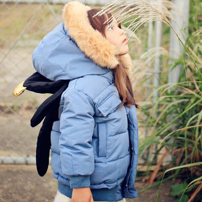 韩国童装2015冬装新款韩版女童超萌可爱背包熊大毛领保暖棉服外套
