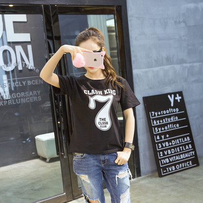 韩版新品学生宽松上衣女夏季学院风数字印花T恤短袖t百搭打底衫潮