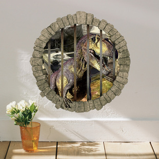 包邮3D假窗侏罗纪公园立体穿墙恐龙户儿童房卧室创意可移除墙贴纸