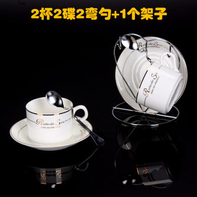 欧式陶瓷咖啡杯套装 高档金边 创意2件套 骨瓷咖啡杯带碟勺子架子