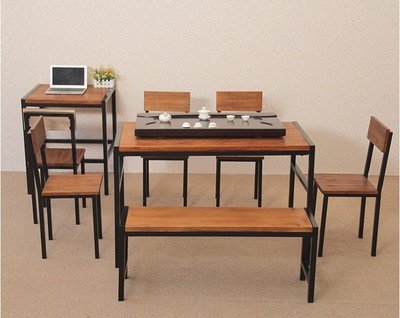 美式乡村长方形休闲餐桌椅 会议桌铁艺实木餐桌办公桌餐桌椅组合