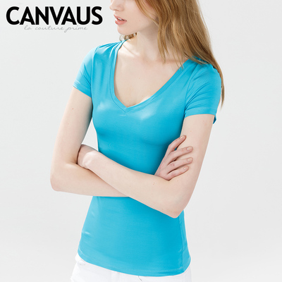 CANVAUS冰极面料V领2016春装新款百搭修身打底衫纯色短袖T恤K331A
