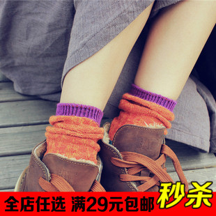 韩国原宿民族风袜子纯棉女袜毛线袜 复古中筒袜女士堆堆袜潮短袜