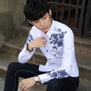 秋季男士长袖衬衫青年休闲衣服学生印花潮流衬衣韩版薄款修身寸衫