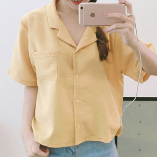 韩国正品代购女装夏文艺小女生单排扣纯色宽松翻领短袖衬衫6色