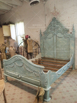 古董家具 出口卡洛琳法国实木仿古雕花双人床 150 180 预定中