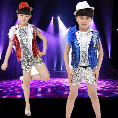 2015新款男童亮片帅气舞台表演女童爵士舞蹈红色儿童街舞演出服