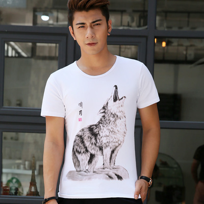 2016夏季新款韩版青年修身水墨狼头印花短袖T恤男士商务打底衫潮