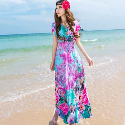 新款马尔代夫 夏威夷 波西米亚沙滩裙长裙短袖 海滩度假裙 显瘦裙