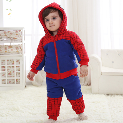 特价包邮夹款加厚款蜘蛛侠造型套装 可开档两件套儿童婴儿服棉服