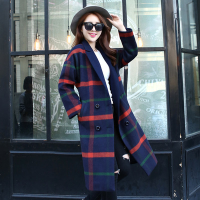 2015新款秋冬外套时尚风衣  呢大衣 条纹格子蘑菇街大牌韩版