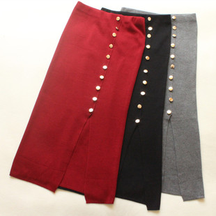 2015秋季黑红灰色减龄新款女装包臀针织长裙开叉性感半身裙子包邮