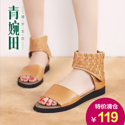青婉田2015新款真皮女鞋夏季包跟平底凉鞋女露趾舒适平跟妈妈凉鞋