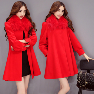 韩版红色羊毛呢大衣冬装斗篷外套中长款宽松显瘦新娘结婚女妮子