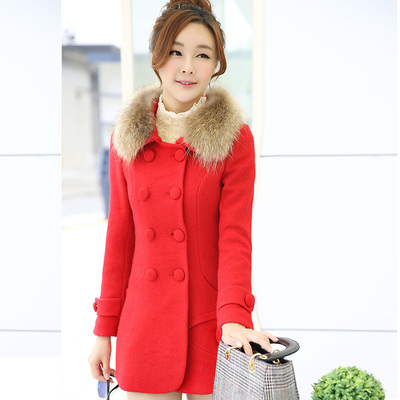 2015新款韩版中长款羊毛呢外套女双排扣修身貉子毛领纯色呢子大衣