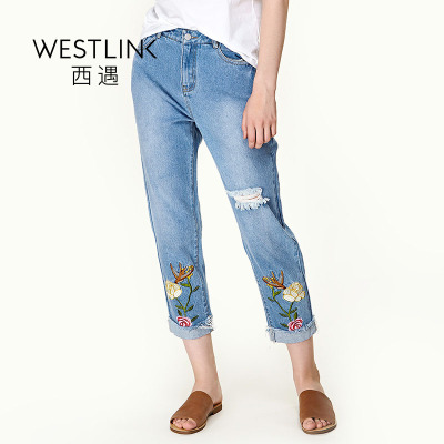 WESTLINK西遇2017夏季新款牛仔裤女长裤花卉刺绣破洞卷边洗水磨白