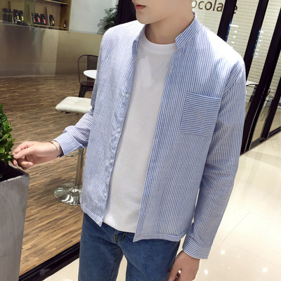 秋季清新男士衬衫韩版修身条纹长袖修身棉质青年学生休闲男装衬衣