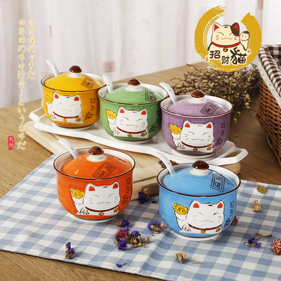 日式卡通招财猫调味罐套装陶瓷调味盒瓶调料罐创意