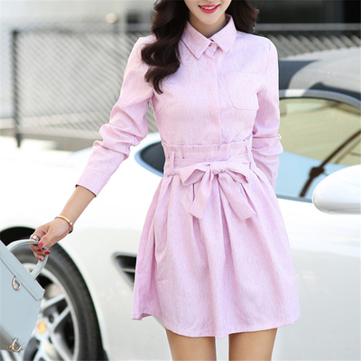 2015秋装新款韩版棉麻长袖连衣裙女装修身显瘦文艺学生公主衬衫裙
