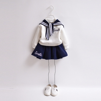 2015秋季新款女童海军风拉绒大卫衣套装裙套装带披肩