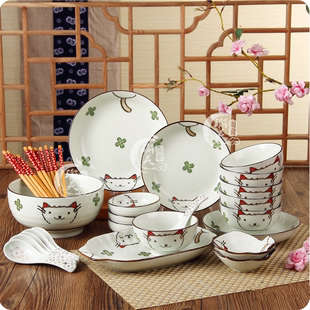 日式卡通可爱餐具套装碗盘子碗筷子陶瓷碗碟套装结婚礼品套碗家用