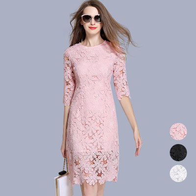 尚古主义2016夏装粉色镂空蕾丝连衣裙女中长款中袖修身显瘦A字裙