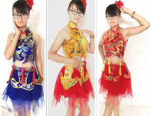 新款舞蹈表演服中国风现代舞台演出服排舞服婚纱蓬蓬短裙红色女装