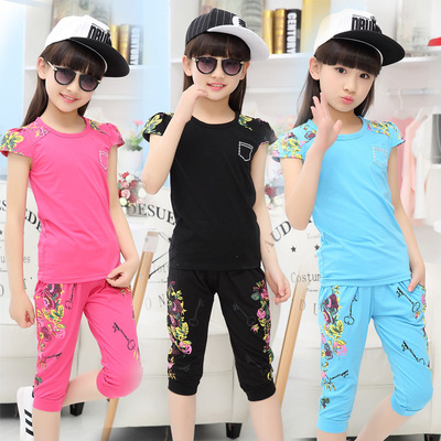 童装夏款女童韩版中大儿童短袖T恤套装运动潮版中裤两件套