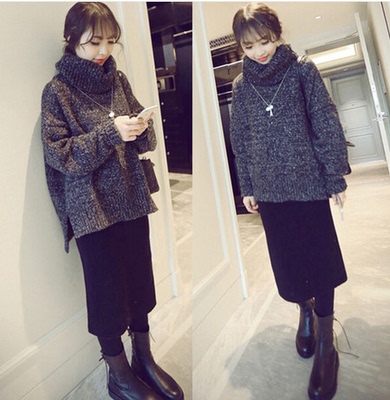 2015冬季新款韩国高领套头毛衣加厚宽松中长款针织连衣裙两件套装
