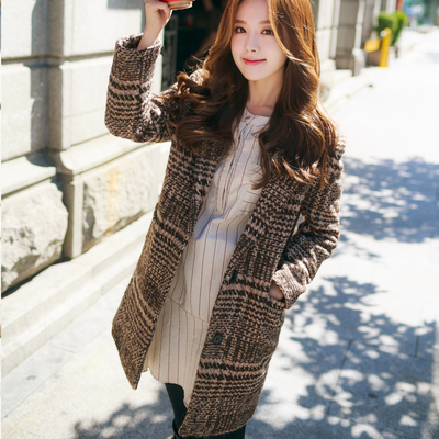 2015年冬季韩国新品中长款黑底粉色千鸟格加绒羊毛呢子大衣女外套