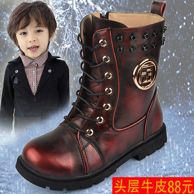 冬季男孩牛皮马丁靴真皮男童短靴童鞋保暖雪地靴儿童加绒防滑棉靴