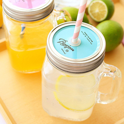 韩版日式zakka创意梅森瓶杯手柄玻璃杯带盖杯子果汁饮料吸管水杯