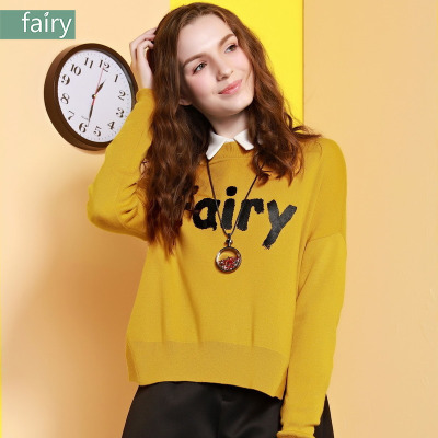 【冬新品】fairy2016秋冬新品甜美落肩长袖百搭印花针织毛衣