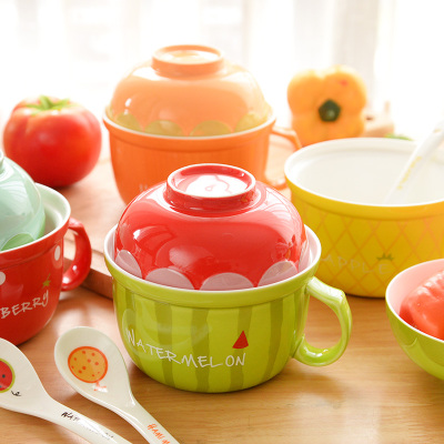 创意韩国可爱水果陶瓷泡面碗 大号方便面碗套装餐具 送勺泡面杯子