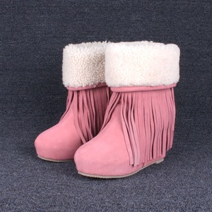 新款舒适女靴坡跟冬季羊毛雪地靴厚底高跟棉靴真皮流苏磨砂皮短靴