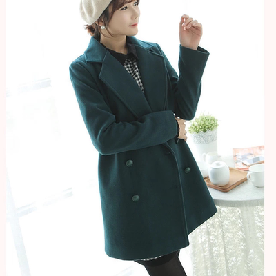 秋冬女士外套2015韩版中长款双排扣长袖纯色厚实保暖毛呢大衣风衣